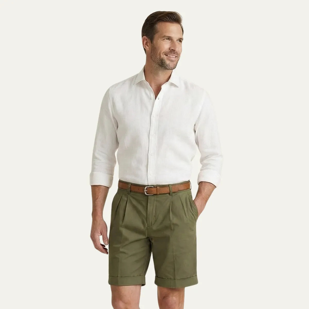 Men's Classic Pleated Chino Shorts with Cuffed Hem
