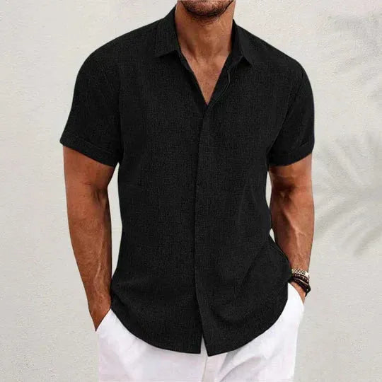 Men's Classic Short Sleeve Button Down Shirt with Wide Collar