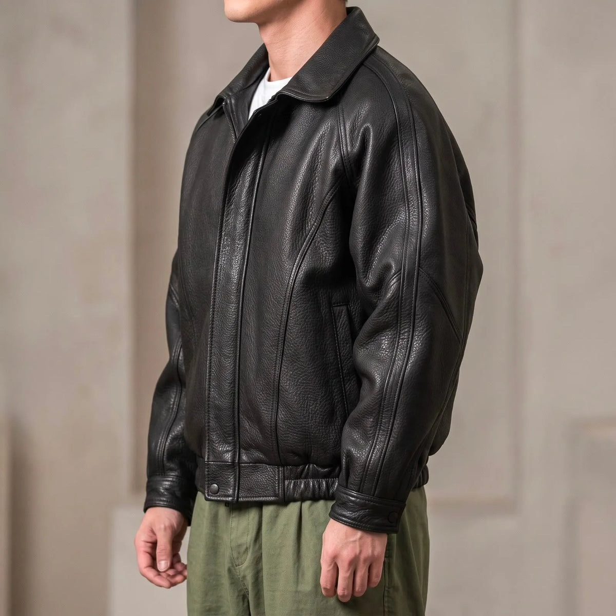 Men's Faux Leather Zip Jacket with Structured Collar