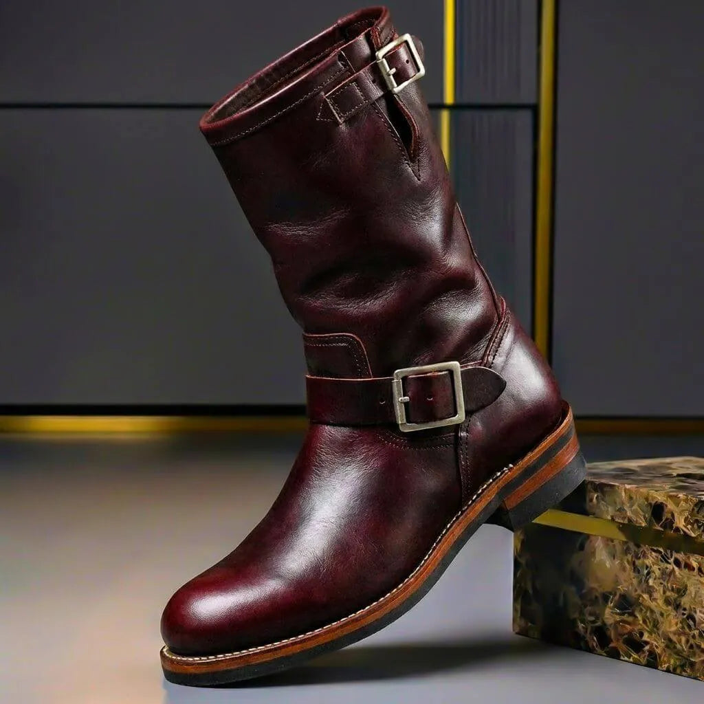 Men's Genuine Leather Mid-Calf Buckle Engineer Boots