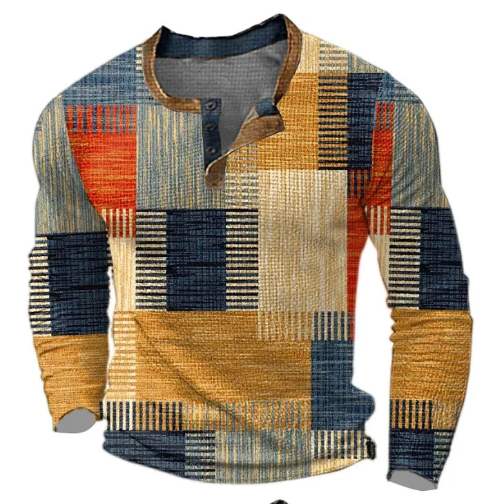 Men's Geometric Pattern Button Placket Henley Sweater