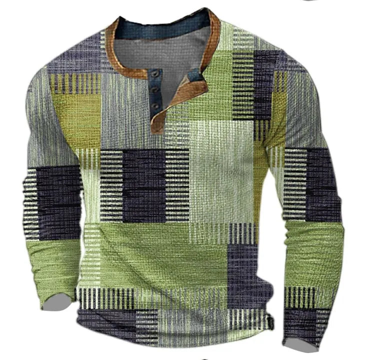 Men's Geometric Pattern Button Placket Henley Sweater