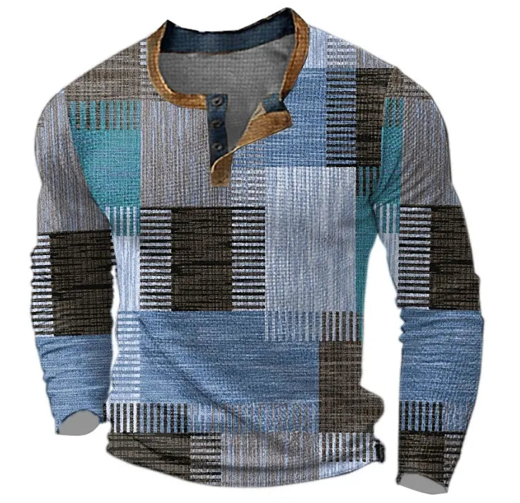 Men's Geometric Pattern Button Placket Henley Sweater