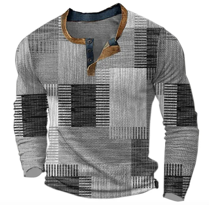 Men's Geometric Pattern Button Placket Henley Sweater