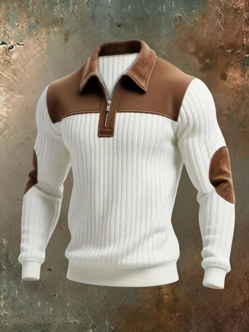 Men's Half-Zip Ribbed Knit Sweater with Suede Accents