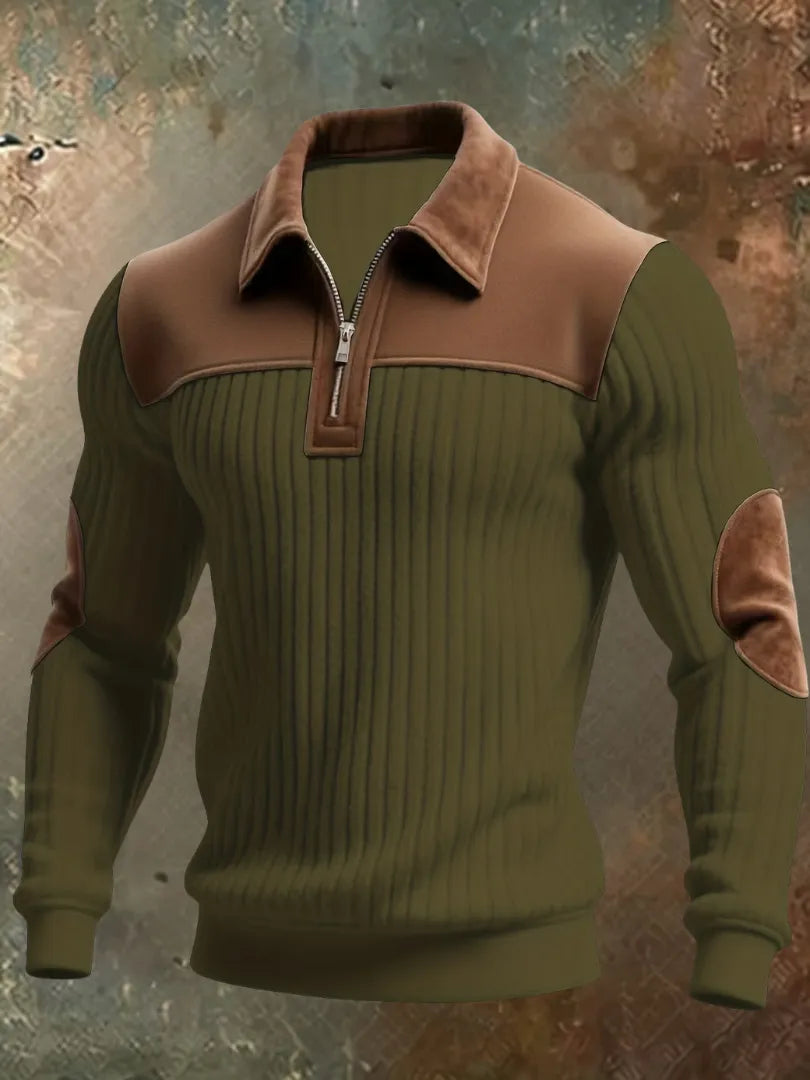 Men's Half-Zip Ribbed Knit Sweater with Suede Accents