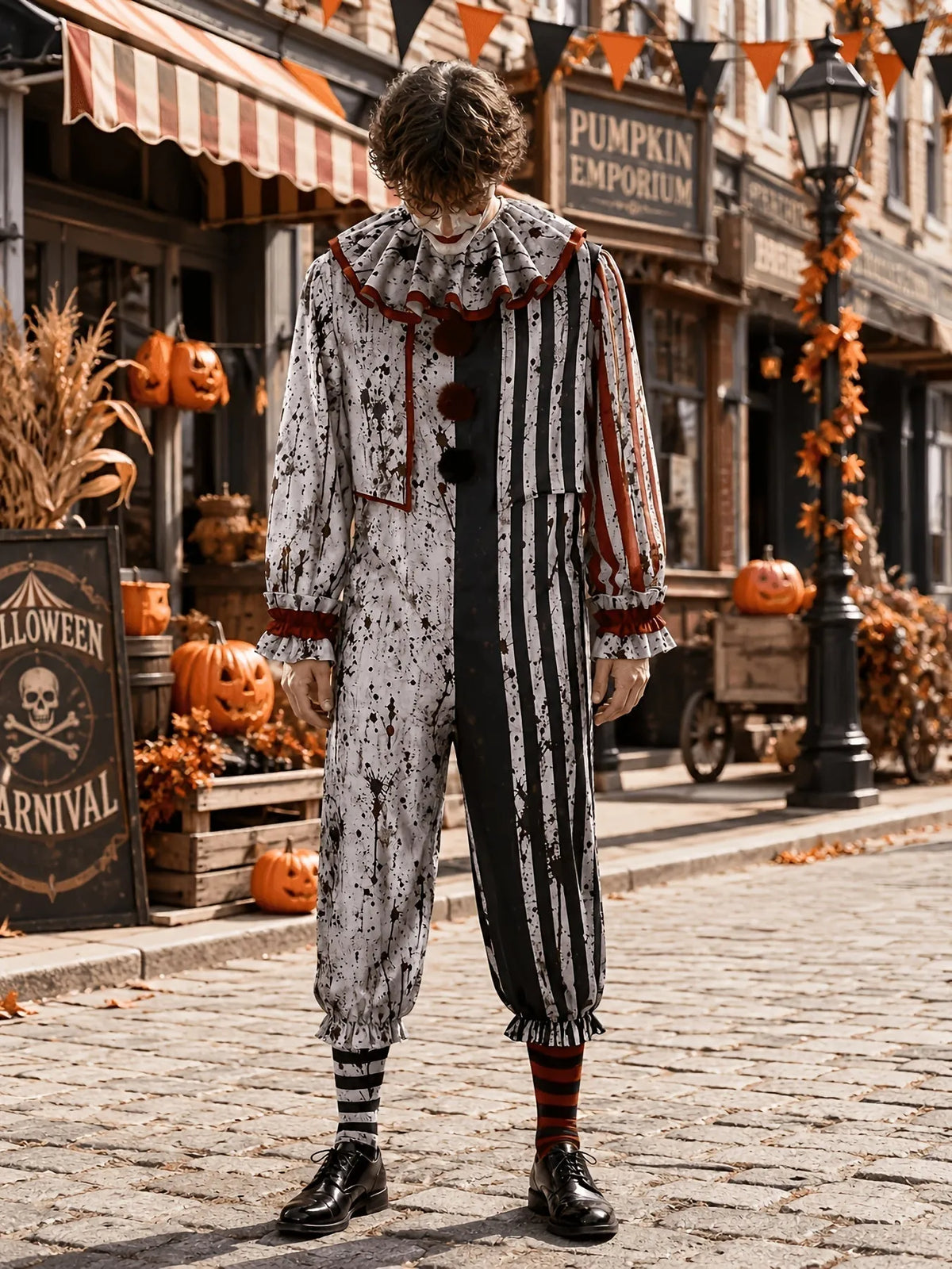 Men's Horror Clown Jumpsuit Costume with Ruffled Collar