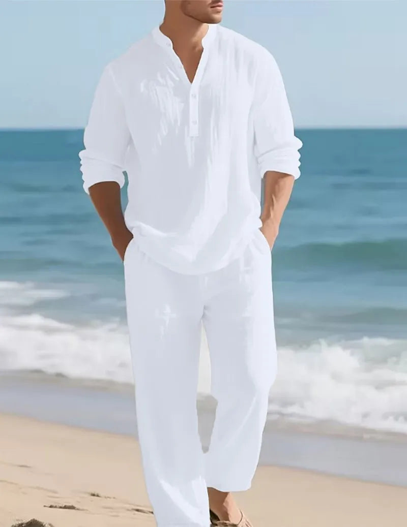 Men's Linen Henley Shirt and Loose Pants Two-Piece Set