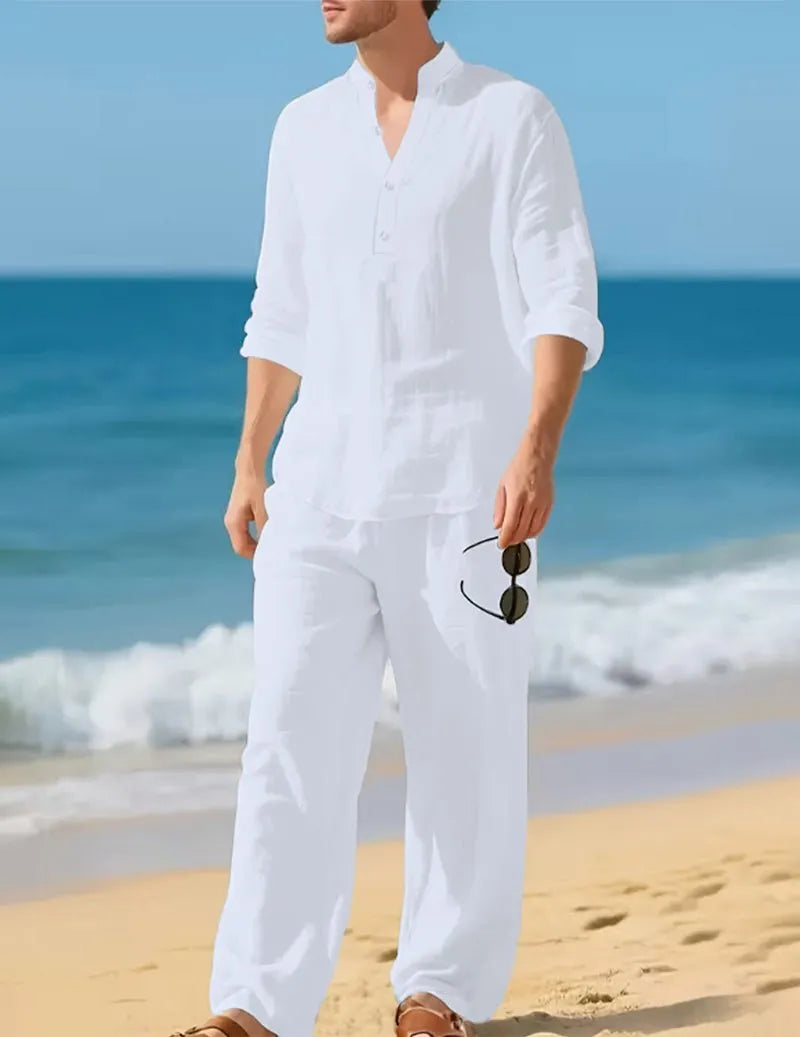 Men's Linen Henley Shirt and Loose Pants Two-Piece Set