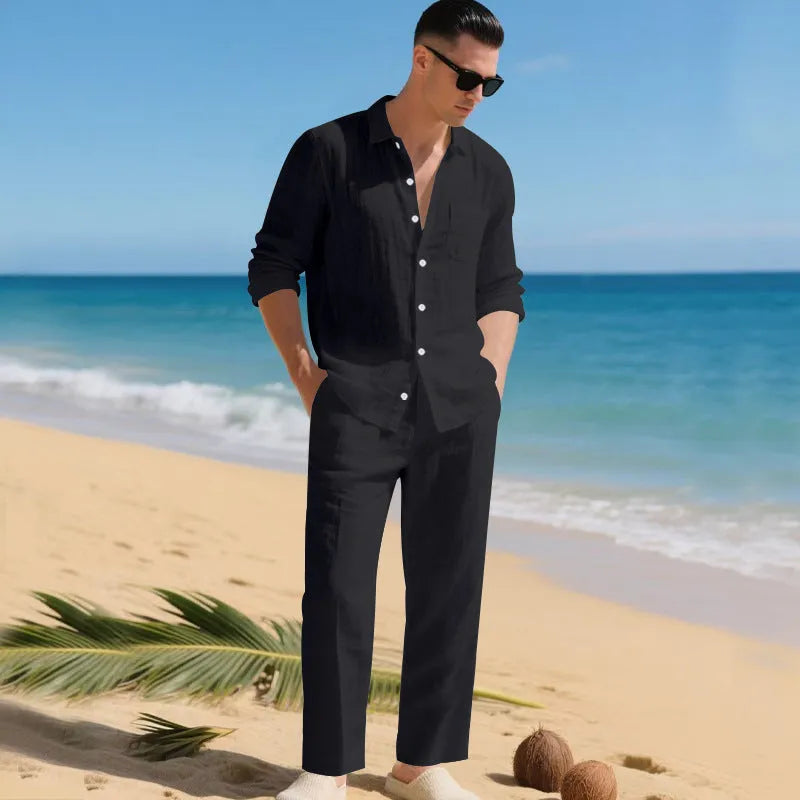Men's Linen Shirt and Trousers Two-Piece Summer Set