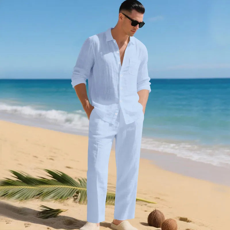 Men's Linen Shirt and Trousers Two-Piece Summer Set
