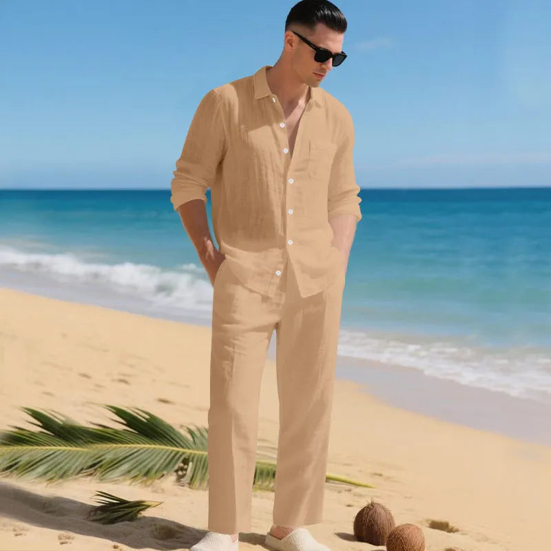 Men's Linen Shirt and Trousers Two-Piece Summer Set