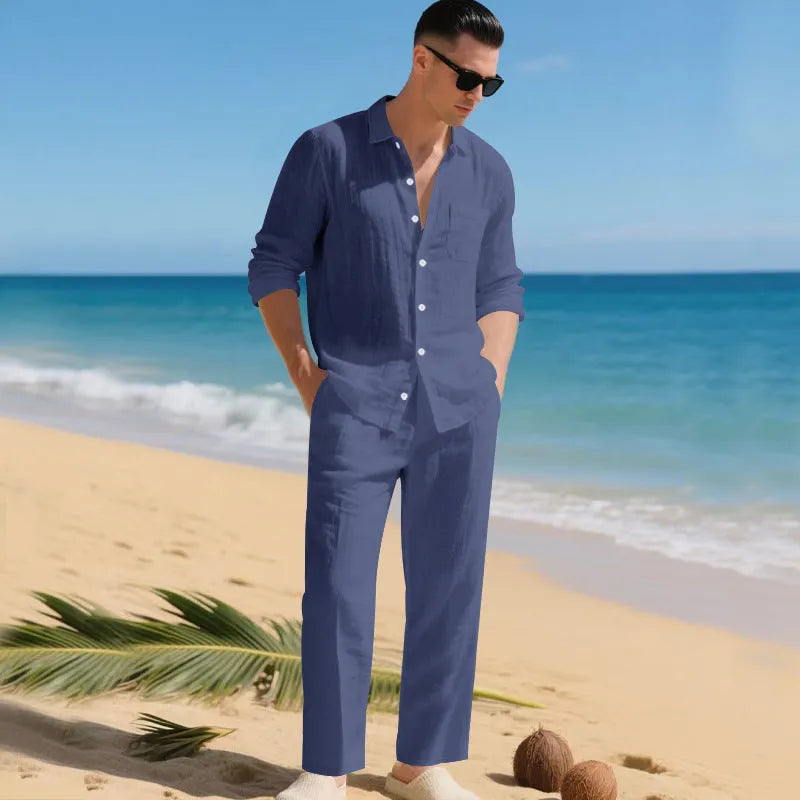 Men's Linen Shirt and Trousers Two-Piece Summer Set