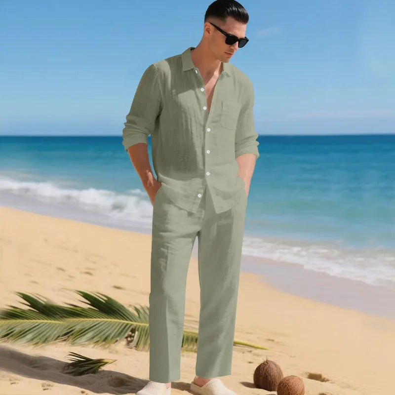 Men's Linen Shirt and Trousers Two-Piece Summer Set
