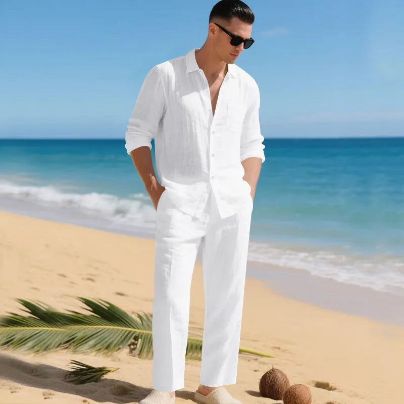 Men's Linen Shirt and Trousers Two-Piece Summer Set