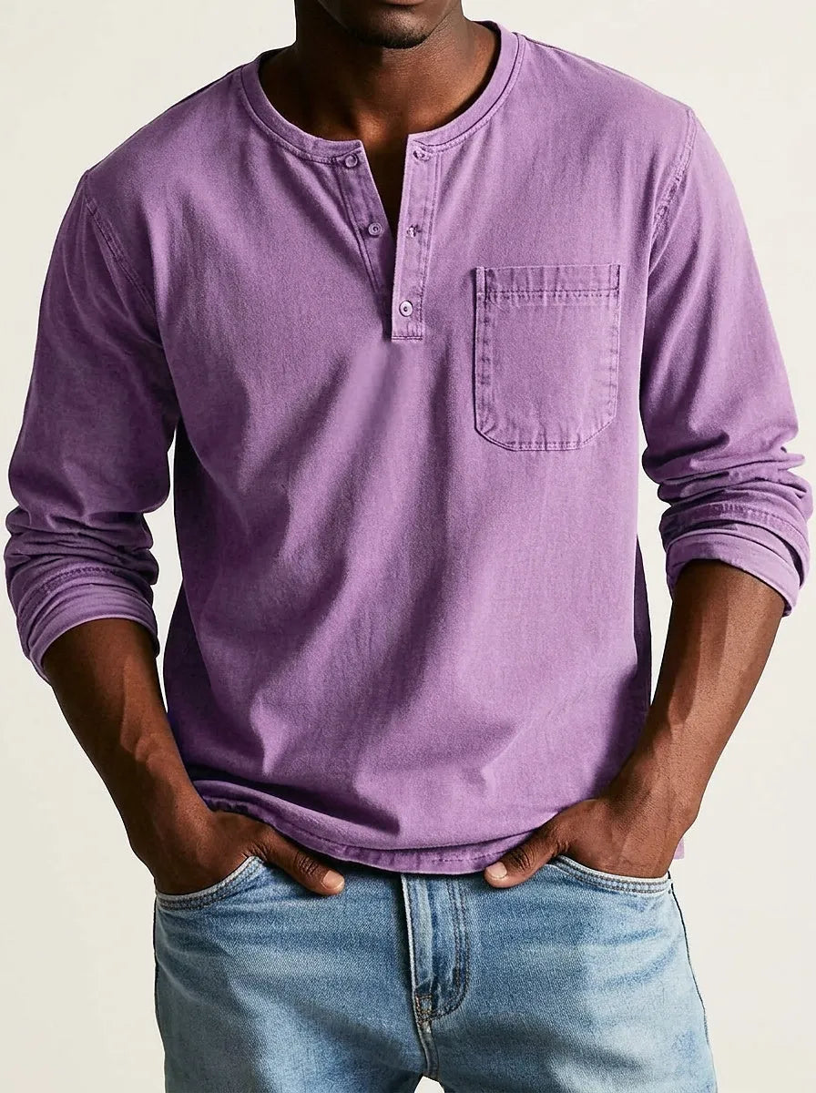 Men's Long Sleeve Henley Shirt with Chest Pocket