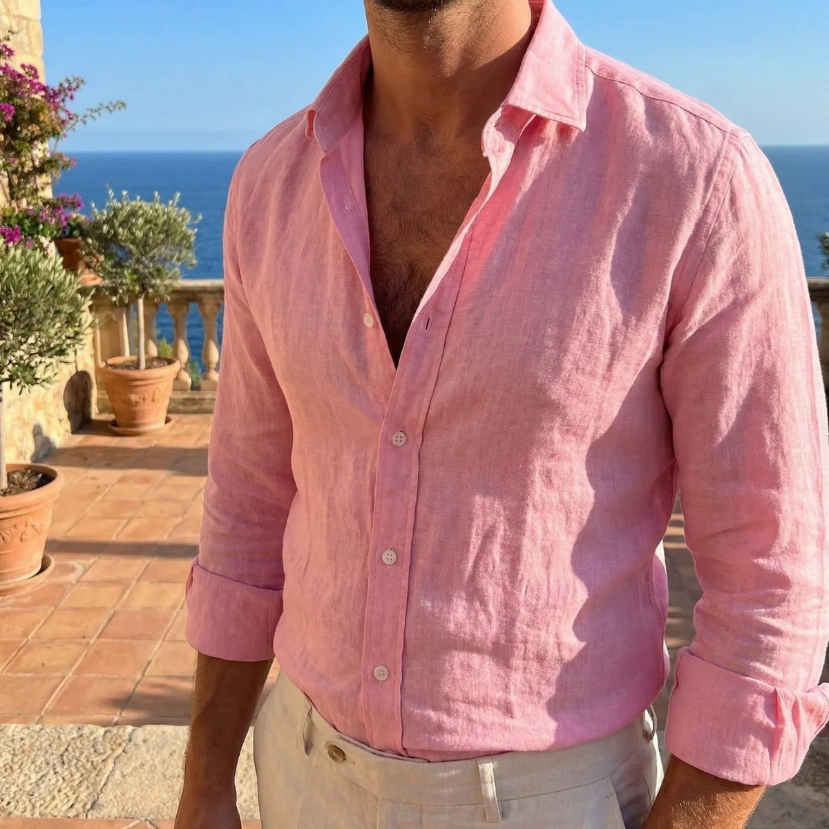 Men's Long Sleeve Linen Button-Down Shirt