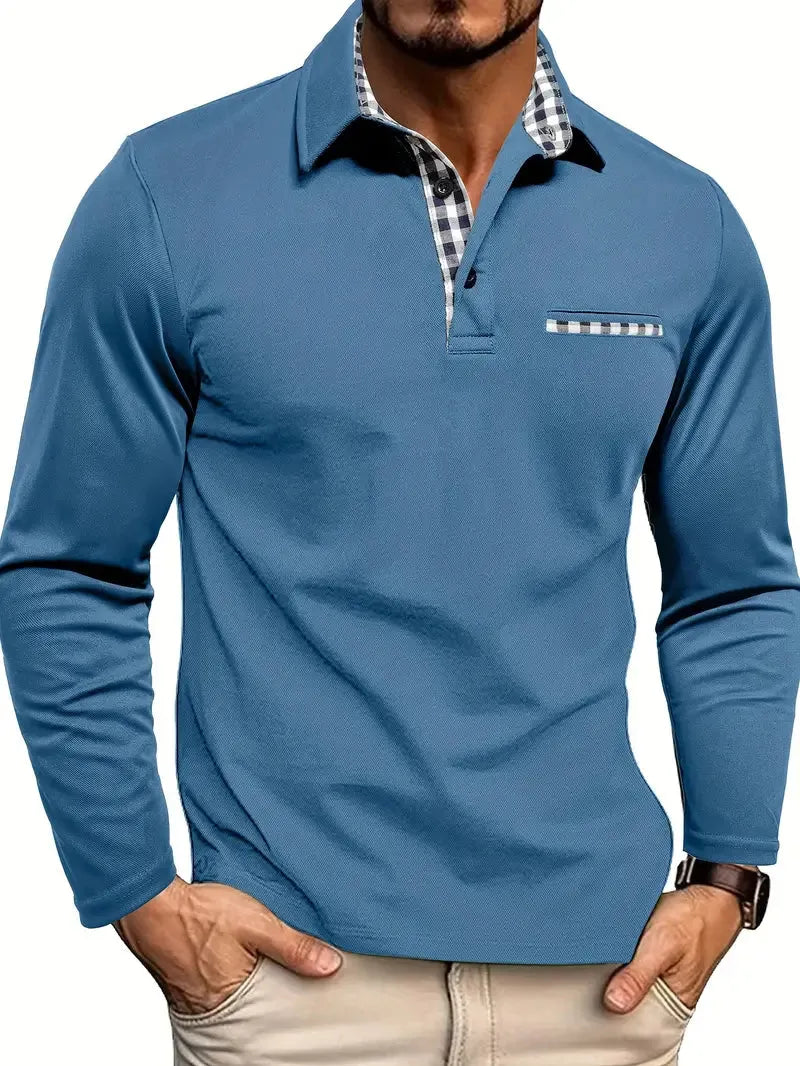 Men's Long-Sleeve Polo Shirt with Check Contrast Trim