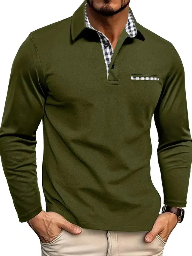 Men's Long Sleeve Polo Shirt with Contrast Collar