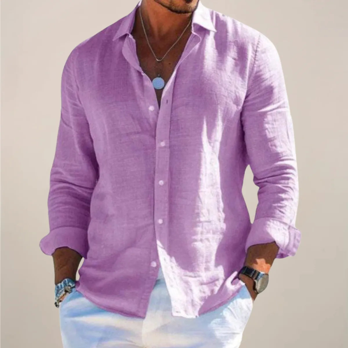 Men's Loose Fit Button Front Long Sleeve Linen Shirt