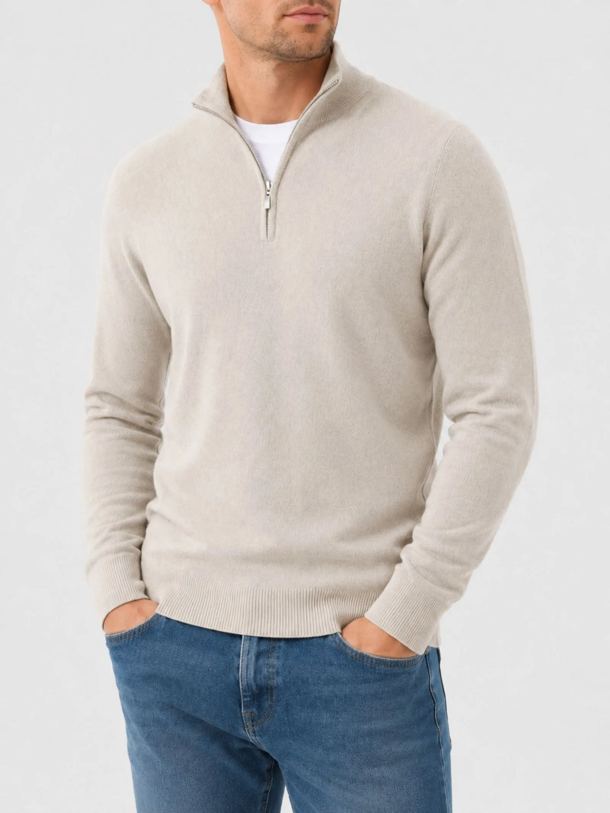 Men's Merino Wool V-Neck Sweater with Zipper Detail