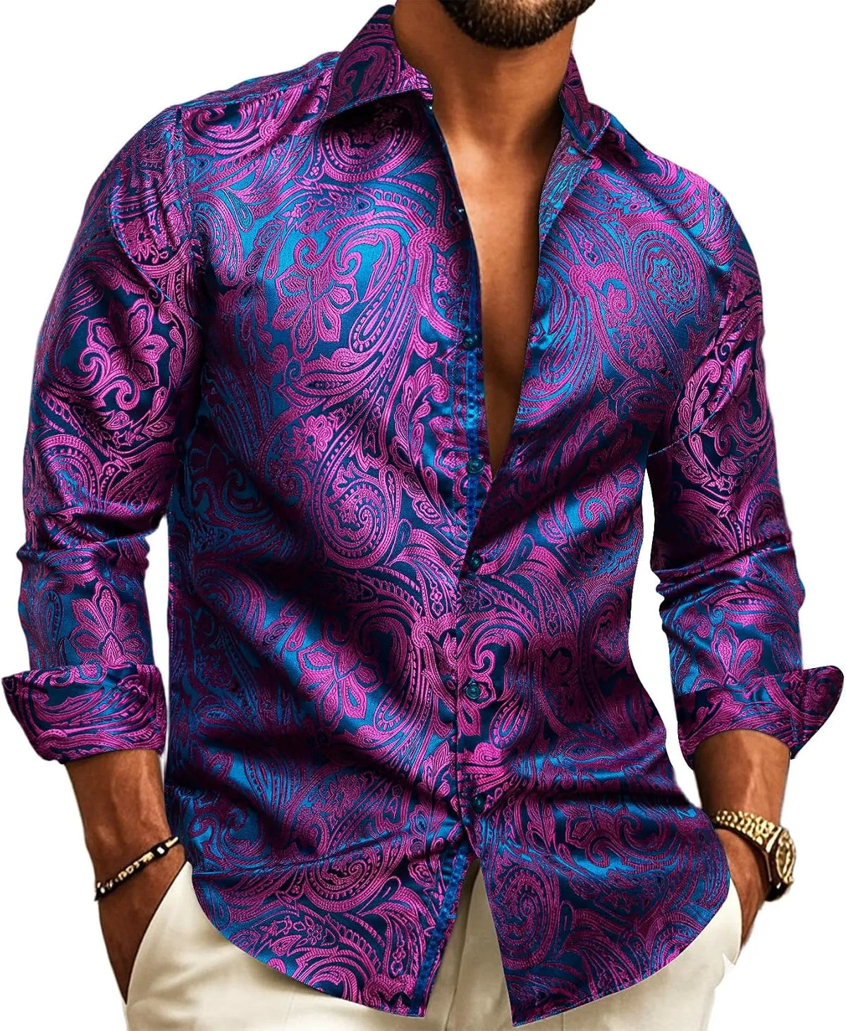 Men's Paisley Jacquard Long-Sleeve Shirt for Weddings and Evenings