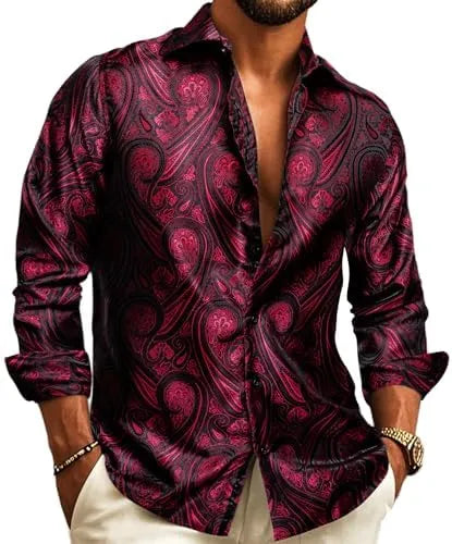 Men's Paisley Jacquard Long-Sleeve Shirt for Weddings and Evenings