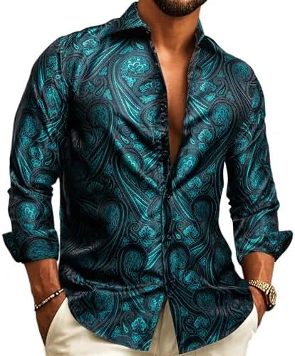Men's Paisley Jacquard Long-Sleeve Shirt for Weddings and Evenings