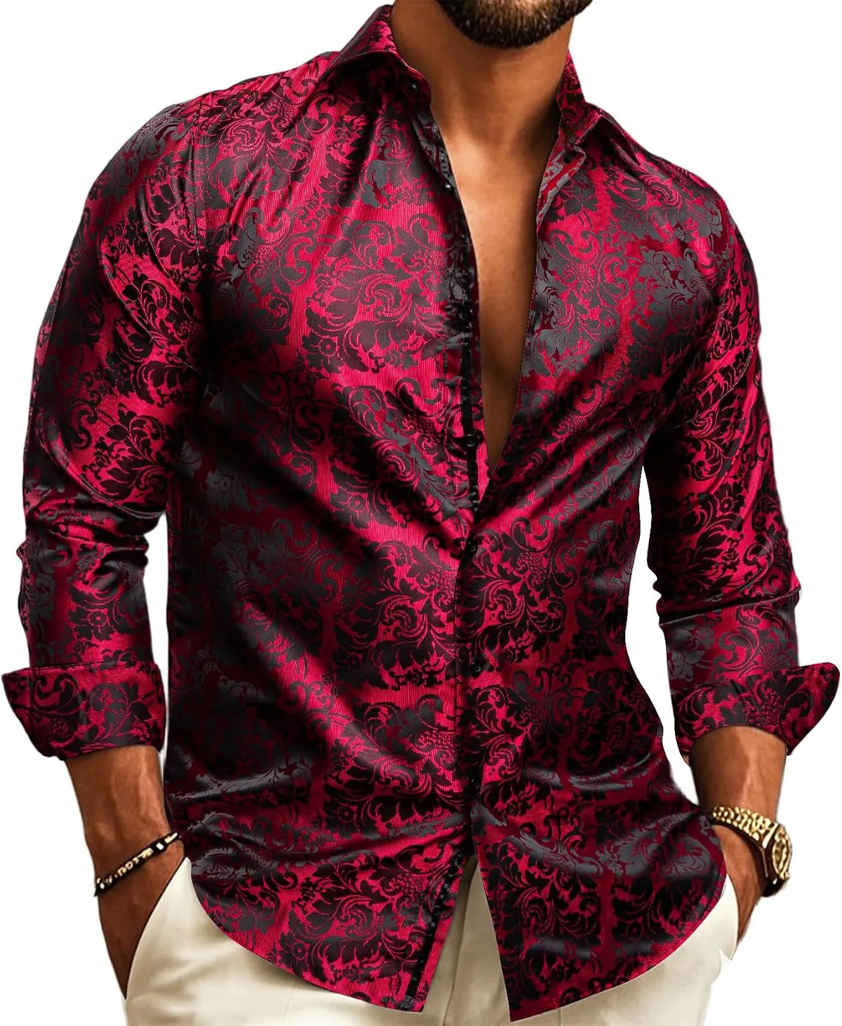 Men's Paisley Jacquard Long-Sleeve Shirt for Weddings and Evenings