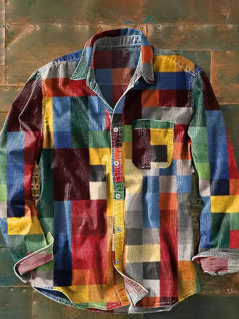 Men's Patterned Long Sleeve Button-Down Shirt with Chest Pocket