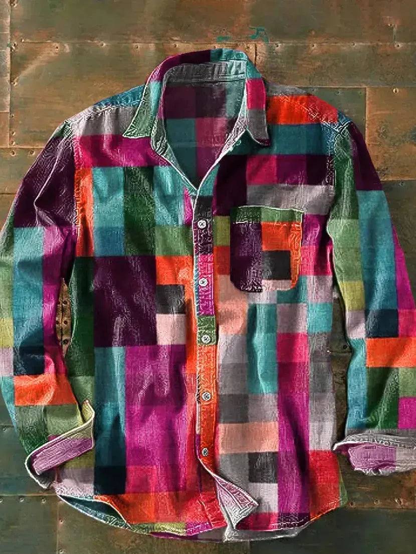 Men's Patterned Long Sleeve Button-Down Shirt with Chest Pocket