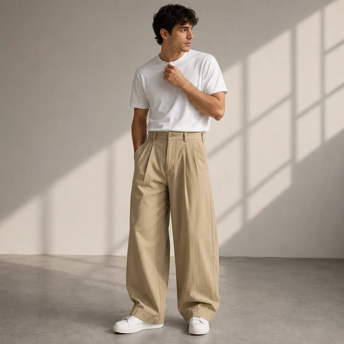Men's Pleated Wide-Leg Trousers with Structured Waistband