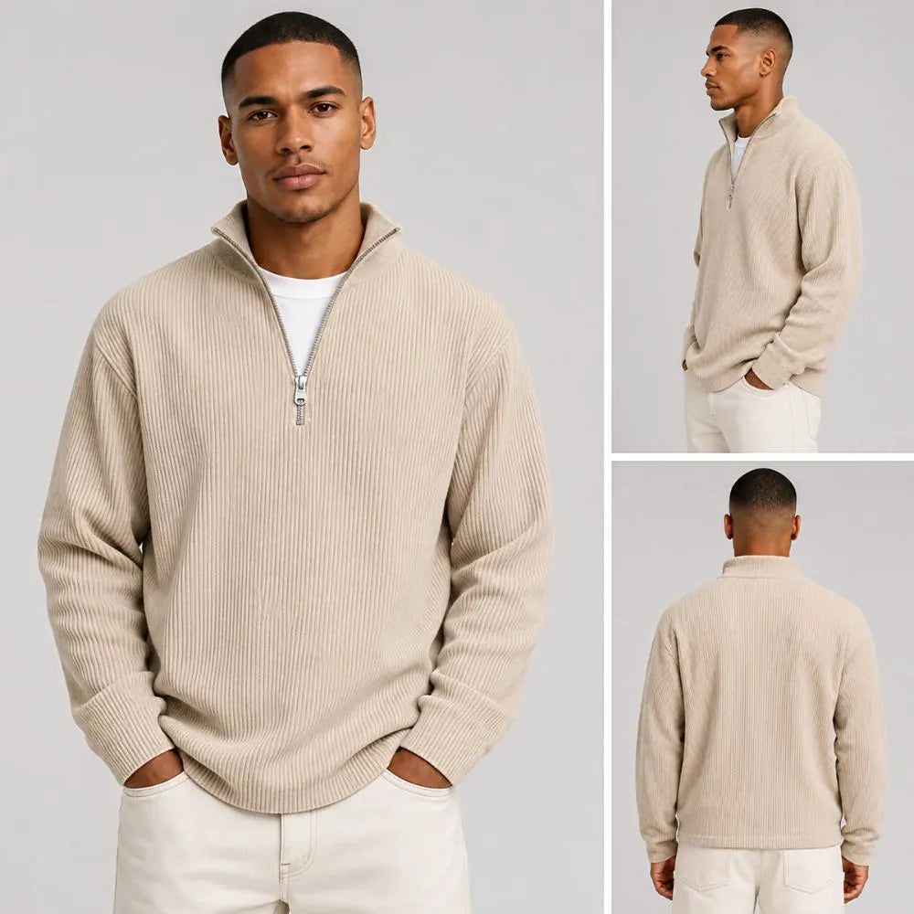 Men's Ribbed Half-Zip Sweater with High Collar