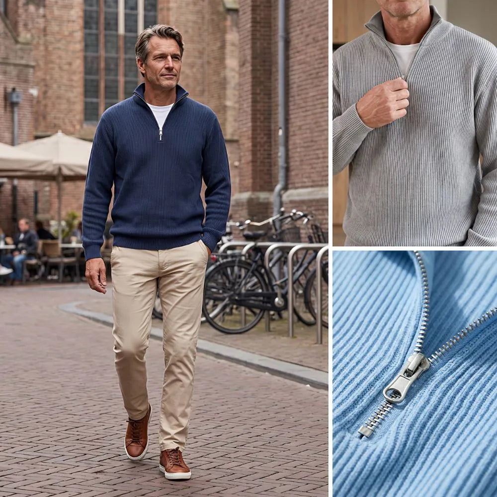 Men's Ribbed Half-Zip Sweater with High Collar