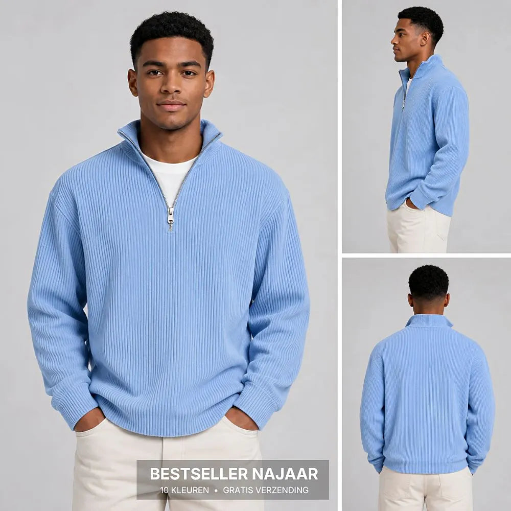 Men's Ribbed Half-Zip Sweater with High Collar