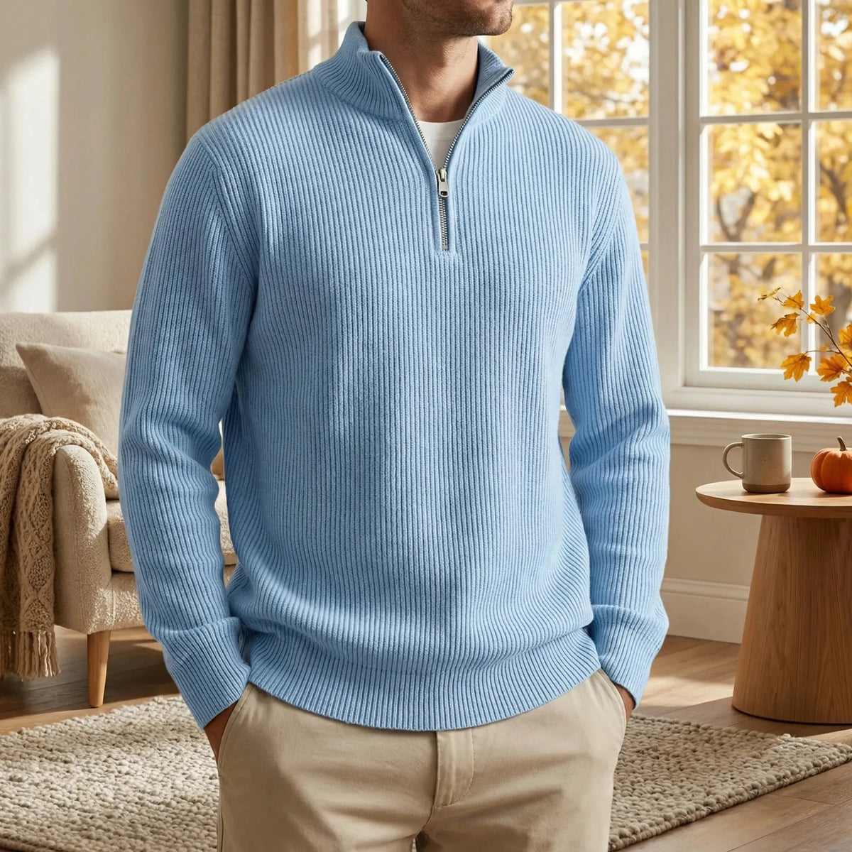 Men's Ribbed Half-Zip Sweater with High Collar