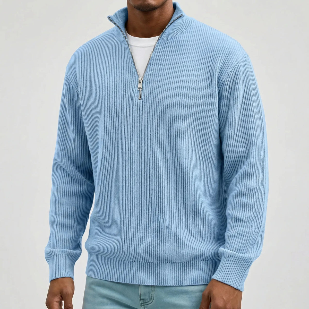 Men's Ribbed Half-Zip Sweater with High Collar