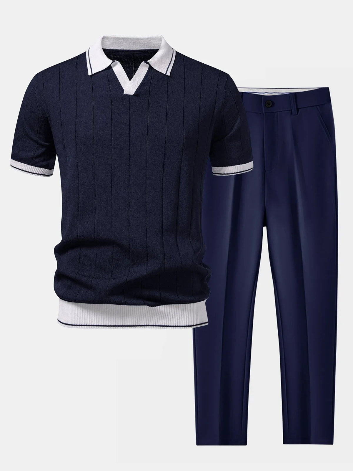 Men's Ribbed Polo Shirt and Tapered Trousers Casual Set