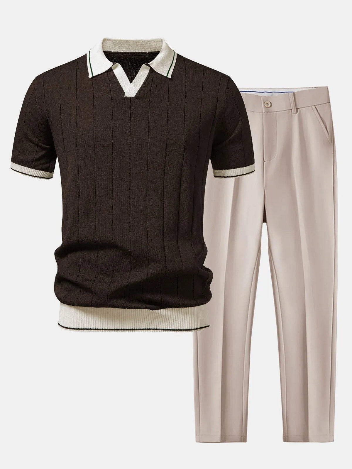 Men's Ribbed Polo Shirt and Tapered Trousers Casual Set