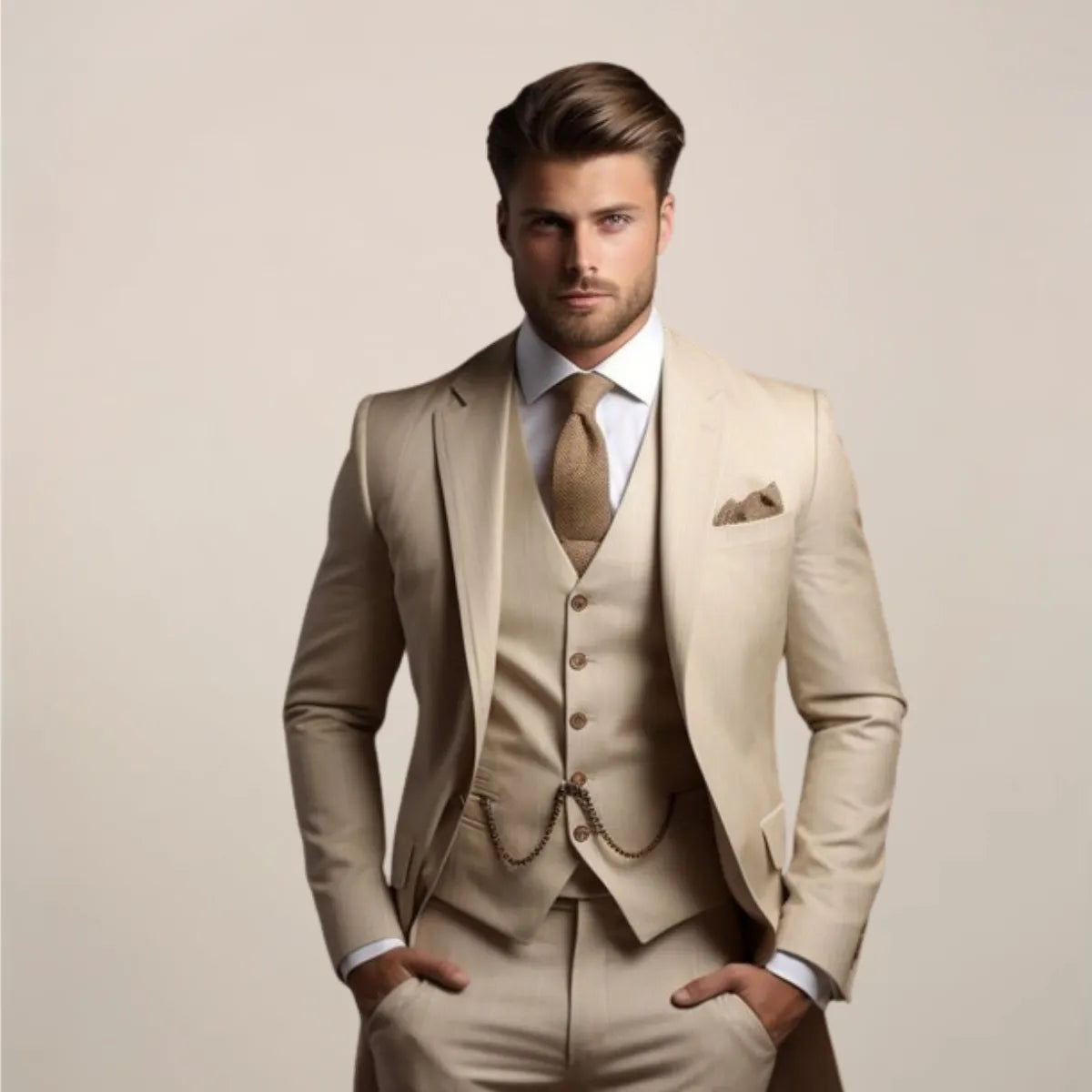 Men's Slim Fit Breathable Three-Piece Wedding Suit with Tailored Vest