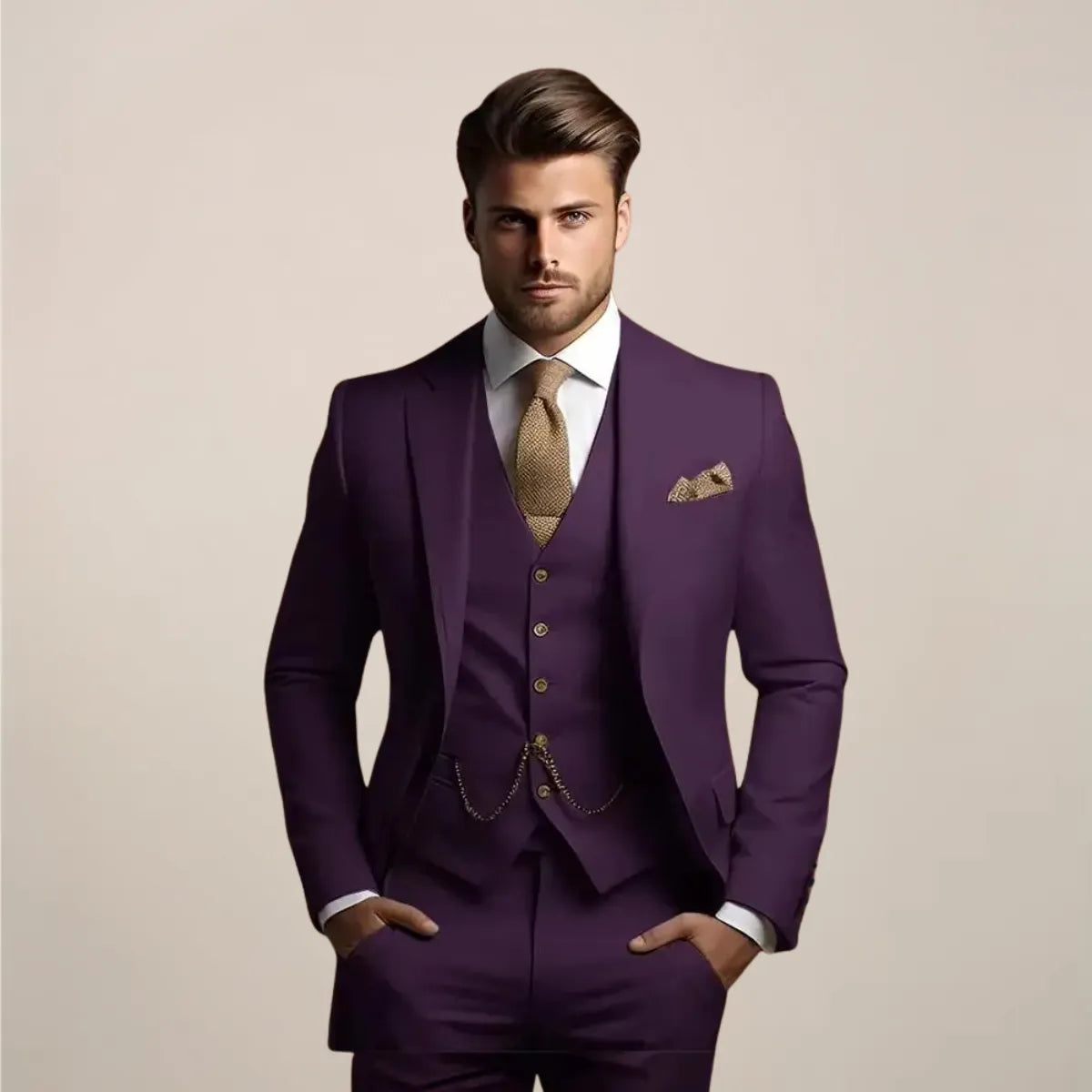 Men's Slim Fit Breathable Three-Piece Wedding Suit with Tailored Vest