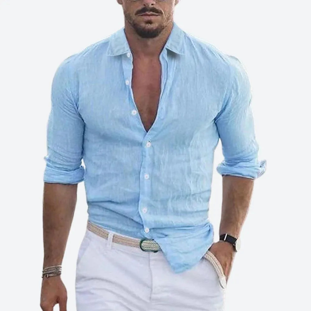 Men's Slim-Fit Linen Button-Down Shirt with Open Collar