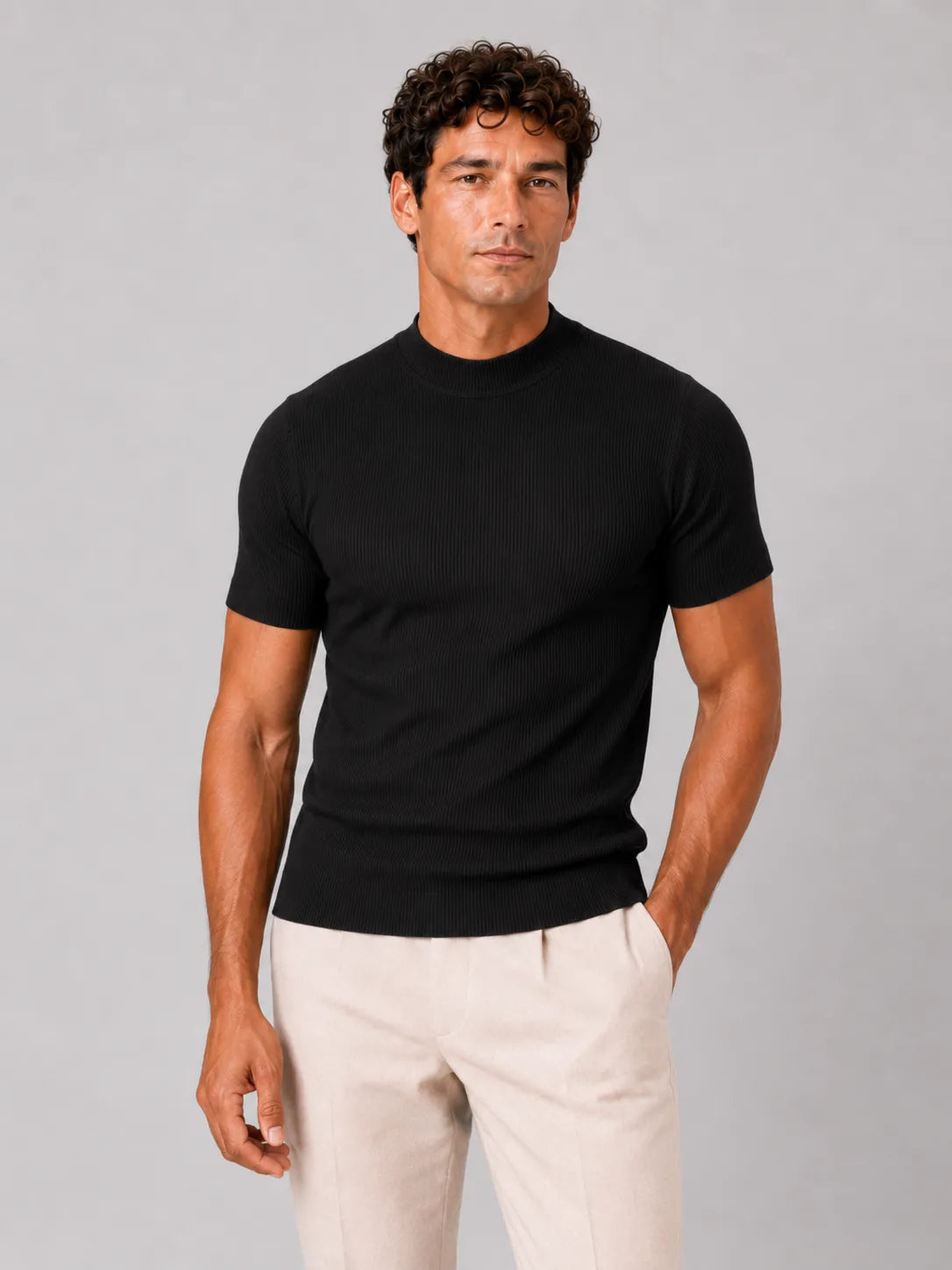 Men's Slim Fit Ribbed Mock Neck T-Shirt