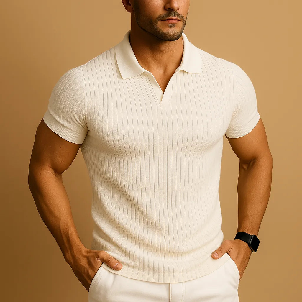 Men's Slim Fit V-Neck Polo Shirt with Ribbed Trim