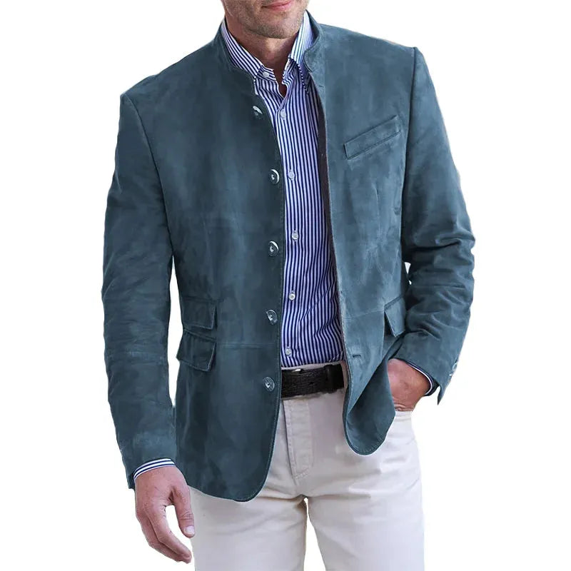 Men's Stand Collar Buttoned Blazer Jacket with Regular Fit