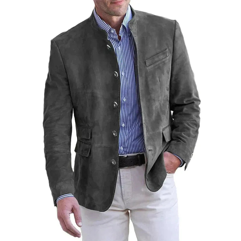 Men's Stand Collar Buttoned Blazer Jacket with Regular Fit