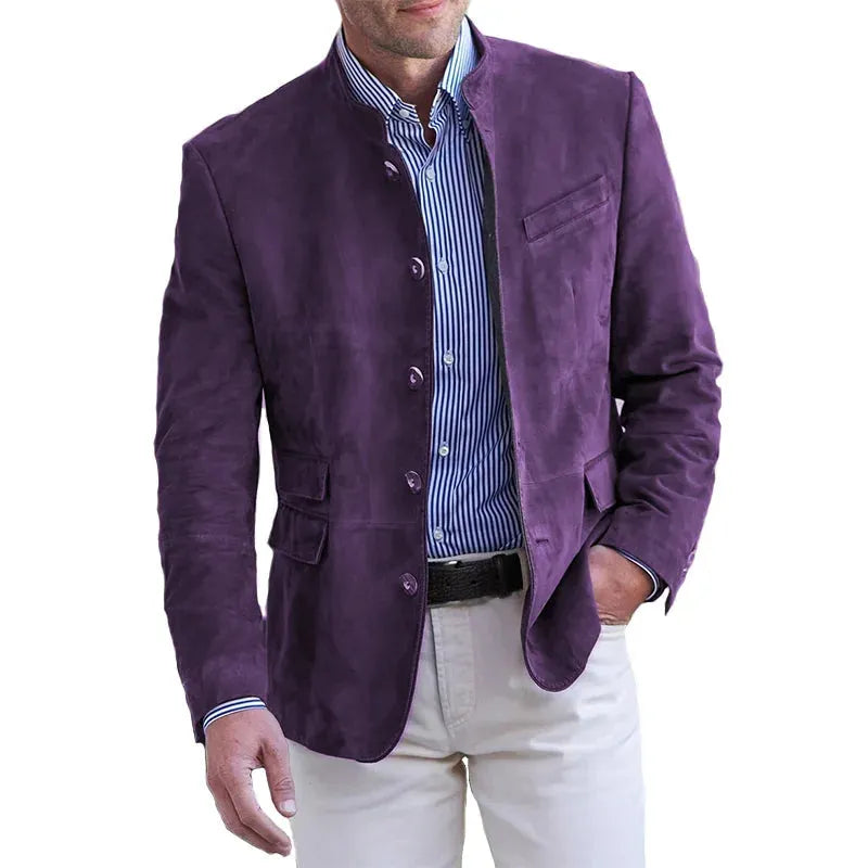 Men's Stand Collar Buttoned Blazer Jacket with Regular Fit