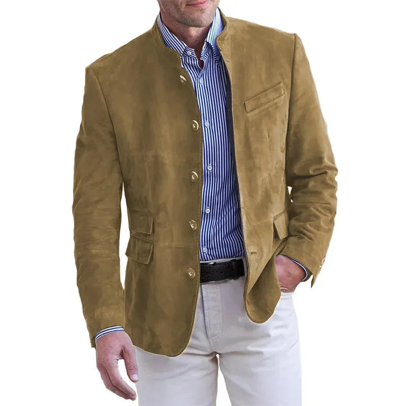 Men's Stand Collar Buttoned Blazer Jacket with Regular Fit
