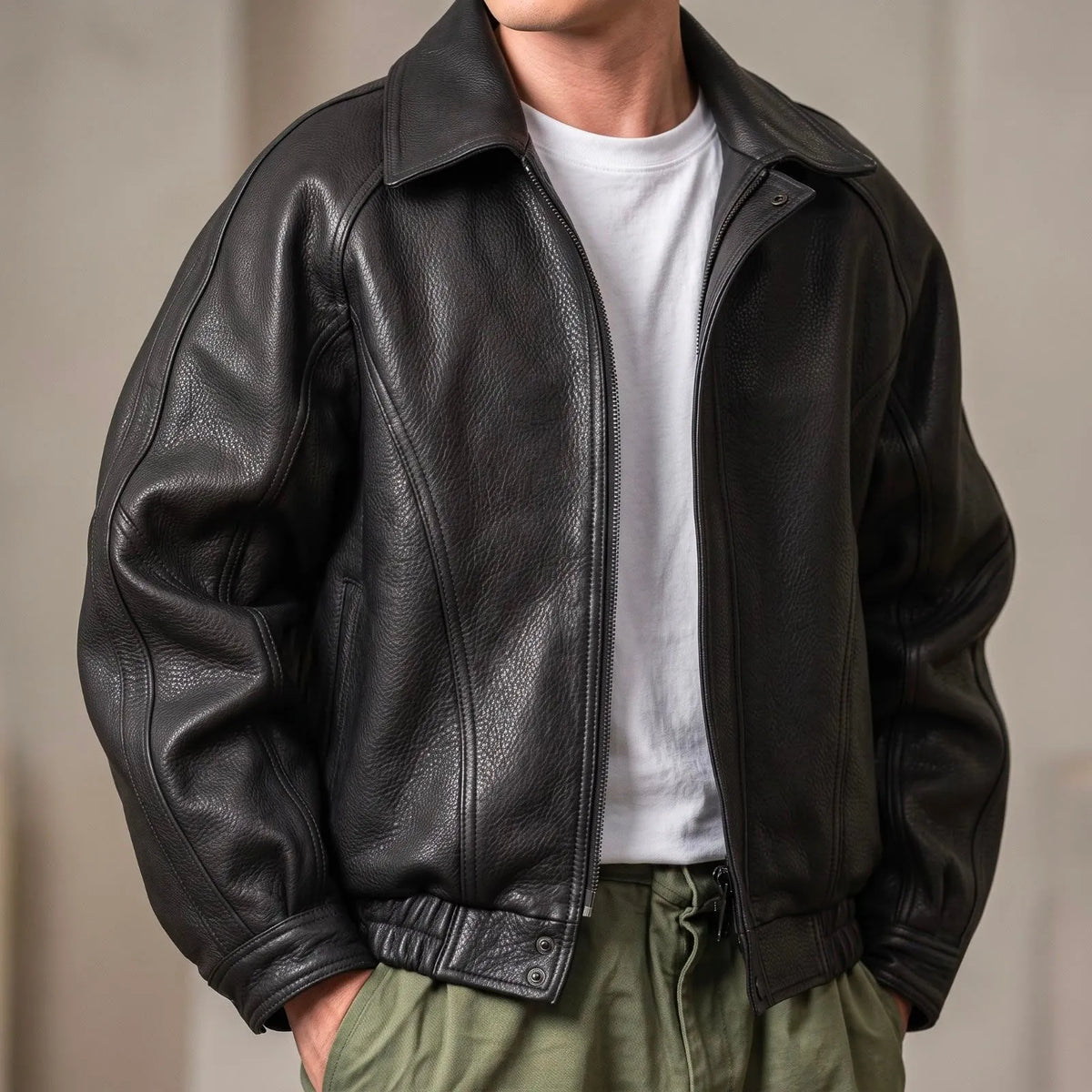 Men's Structured Zip-Up Leather Jacket with Breathable Cotton Lining