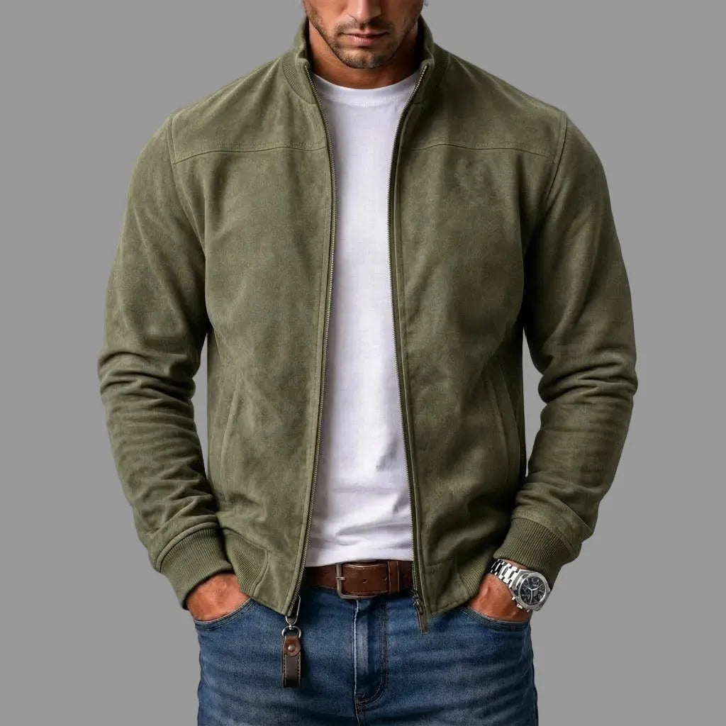 Men's Suede Bomber Jacket with Ribbed Trim